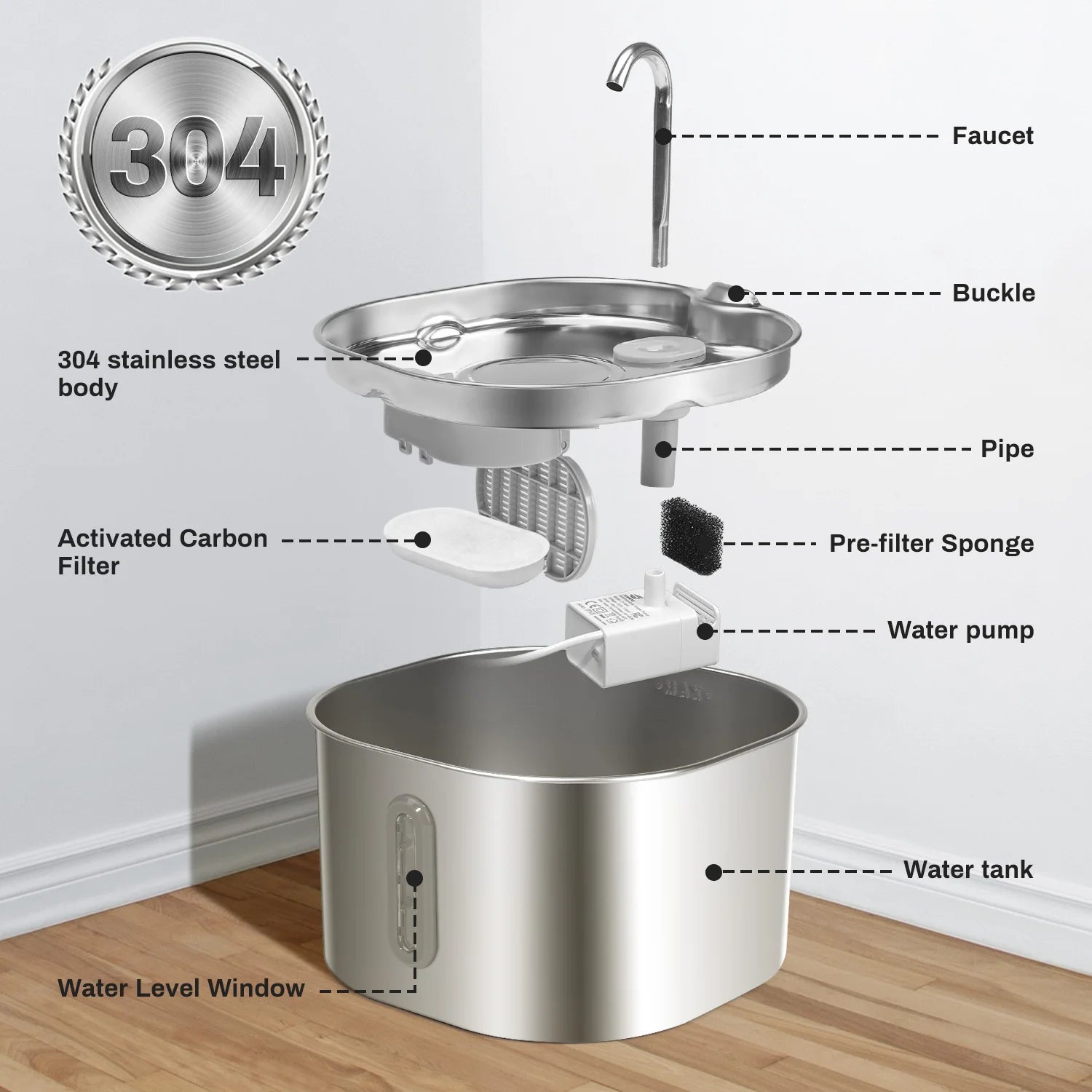 Stainless Steel Cat Water Fountain (2.2L)